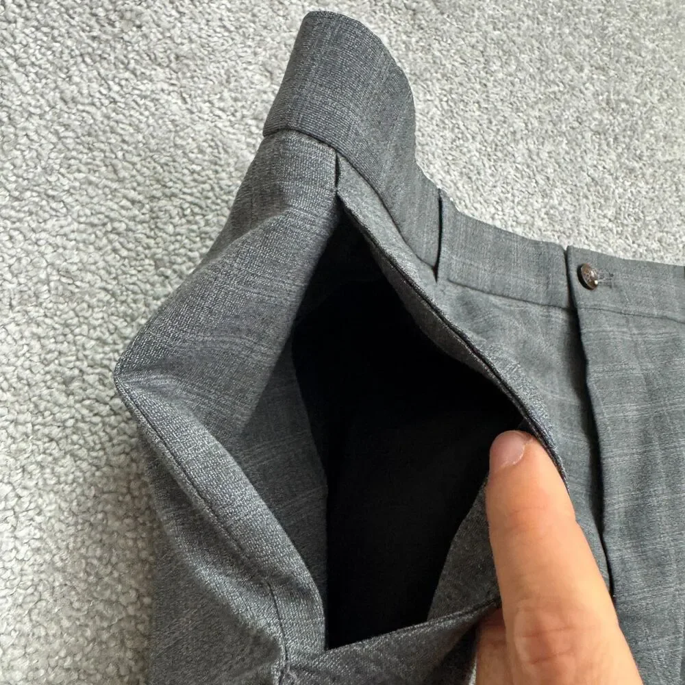 Sunwill Modern Dress Pants Mens 38L Gray Plaid Wool Blend Straight Trousers Work